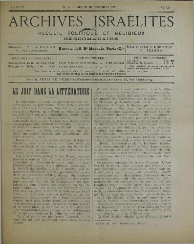Archives israélites de France. Vol.82 N°06 (10 févr. 1921)